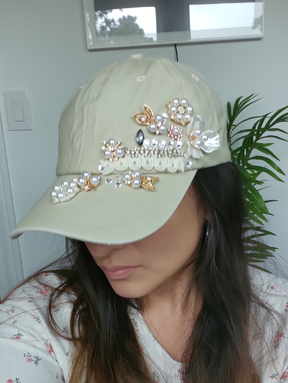 Beige Embellished Floral Baseball Cap with Pearls and Crystals